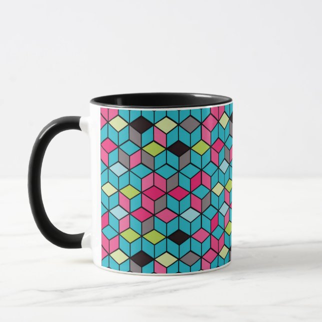 Turqouise and Pink Cube Pattern Mug (Left)