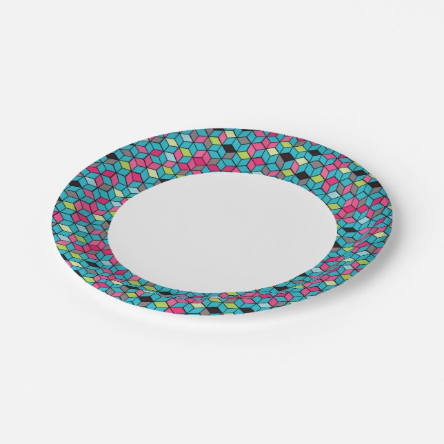 Turqouise and Pink Cube Pattern Paper Plates (Angled)