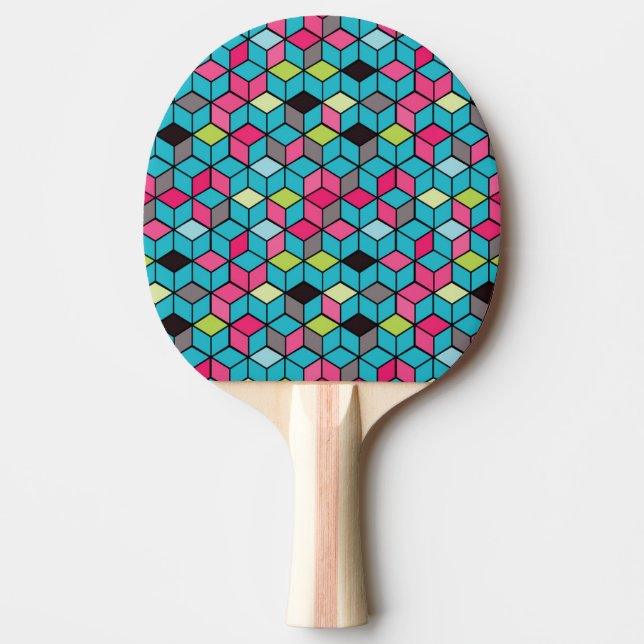 Turqouise and Pink Cube Pattern Ping-Pong Paddle (Front)