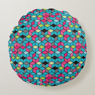 Turqouise and Pink Cube Pattern Round Pillow