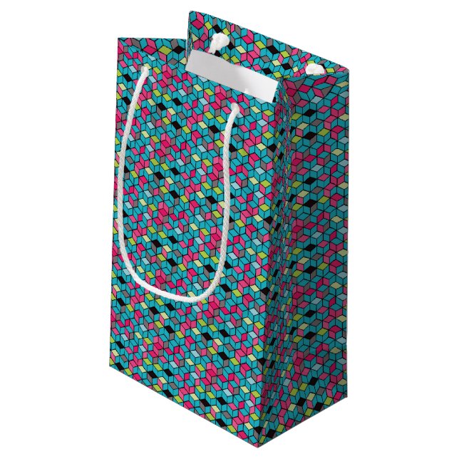 Turqouise and Pink Cube Pattern Small Gift Bag (Back Angled)