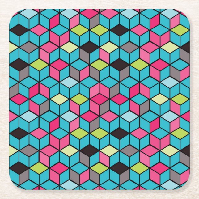 Turqouise and Pink Cube Pattern Square Paper Coaster (Front)