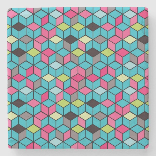Turqouise and Pink Cube Pattern Stone Coaster (Front)