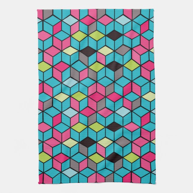 Turqouise and Pink Cube Pattern Towel (Vertical)