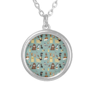 turqouise background dogs pattern. silver plated necklace