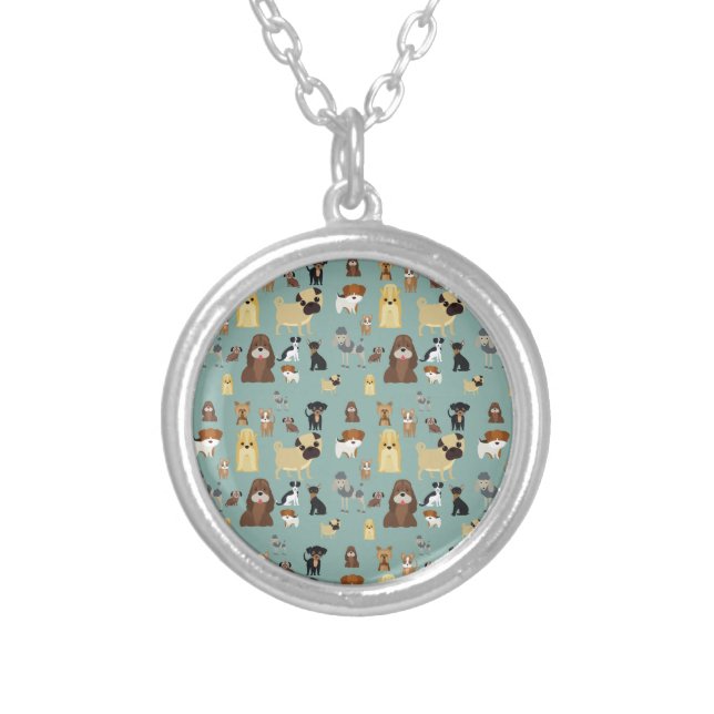 turqouise background dogs pattern. silver plated necklace (Front)