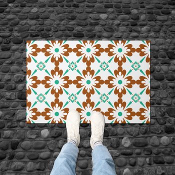 Turqouise Brown And White Spanish Tile Pattern Doormat by machomedesigns at Zazzle