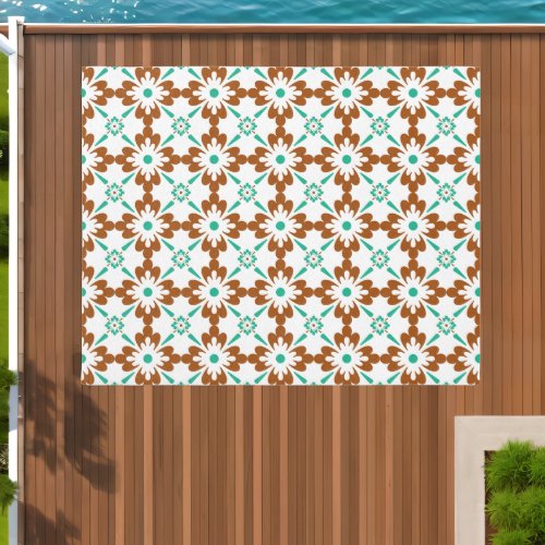 Turqouise Brown And White Spanish Tile Pattern Outdoor Rug