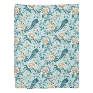 Turqouise Japanese antique silk painting nature  Duvet Cover