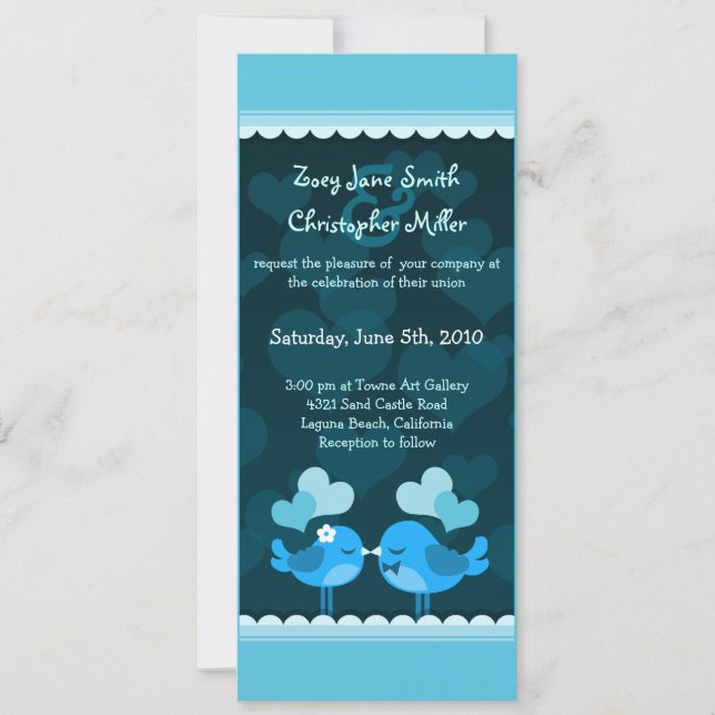 Turqouise Love Birds Long Wedding Invitation (Front)