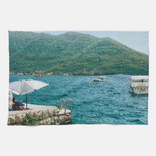 Turqouise waters of Perast - Montenegro  Kitchen Towel