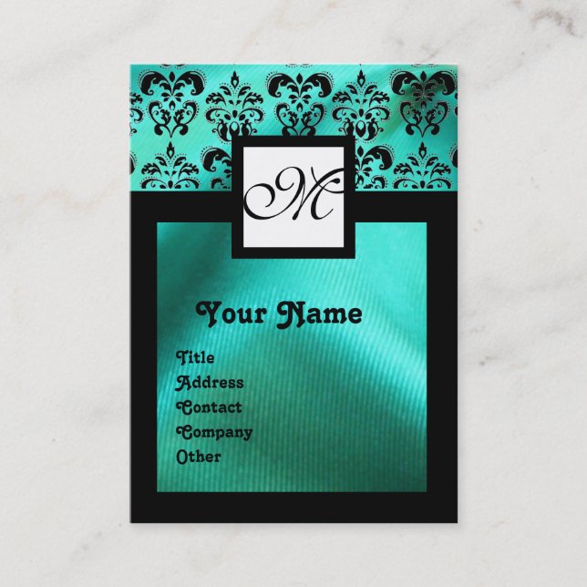 TURQUASE BLUE SILK DAMASK CLOTH ,SQUARE MONOGRAM BUSINESS CARD (Front)