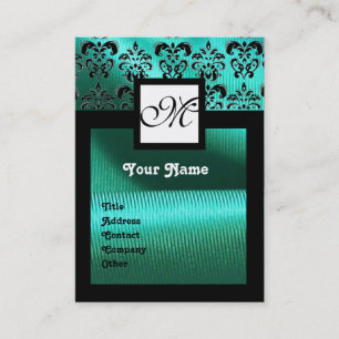 TURQUASE BLUE SILK DAMASK CLOTH ,SQUARE MONOGRAM BUSINESS CARD