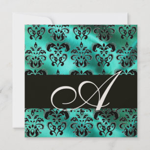 TURQUASE GREEN SILK DAMASK CLOTH MONOGRAM ,Gold Invitation