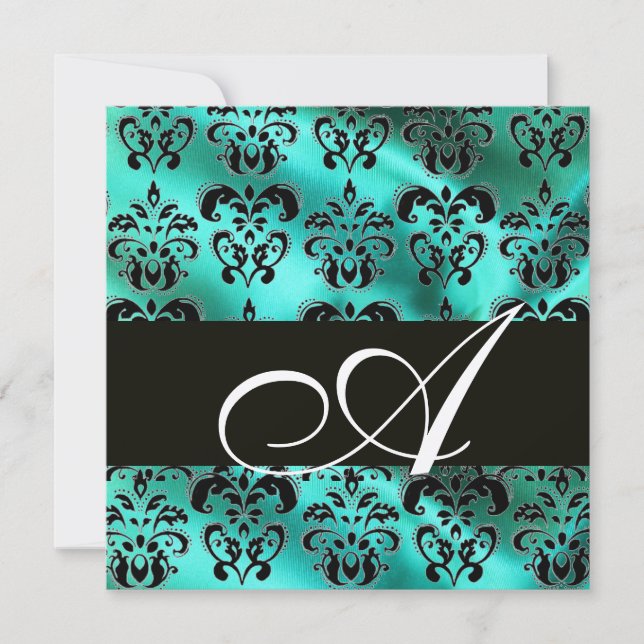 TURQUASE GREEN SILK DAMASK CLOTH MONOGRAM INVITATION (Front)