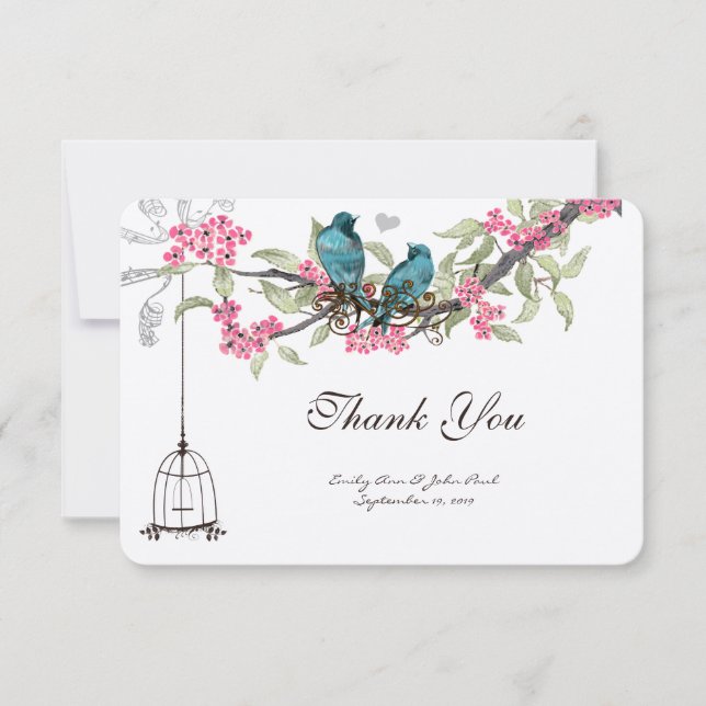 Turquiose Birds Pink Cherry Blossoms Birdcage Thank You Card (Front)
