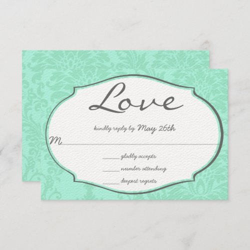 Turquiose Mint  Damask Wedding RSVP Invitation