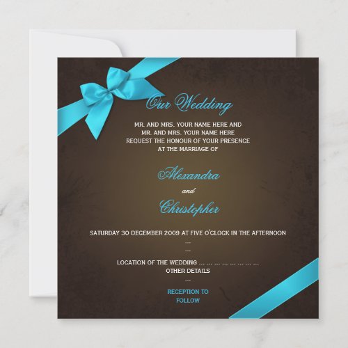 Turquiose Ribbon on Brown Grunge Wedding Custom Invitations