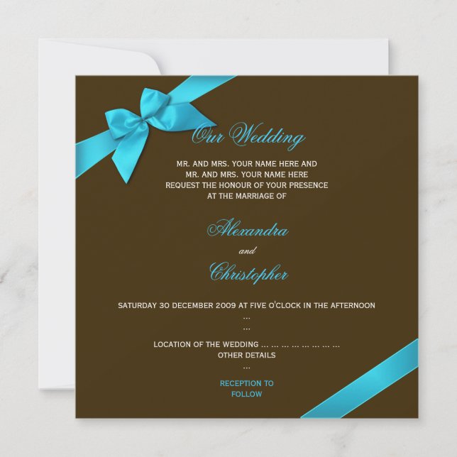 Turquiose Ribbon on Chocolate Brown Wedding Invitation (Front)