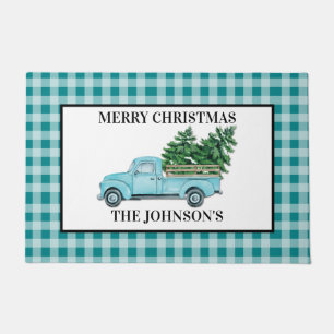Turquois Blue Truck Turquoise Check Christmas Doormat
