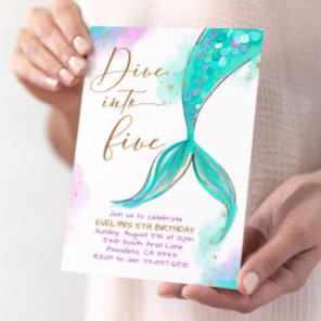 Turquois Mermaid Dive Into Five 5th Birthday Party Invitation