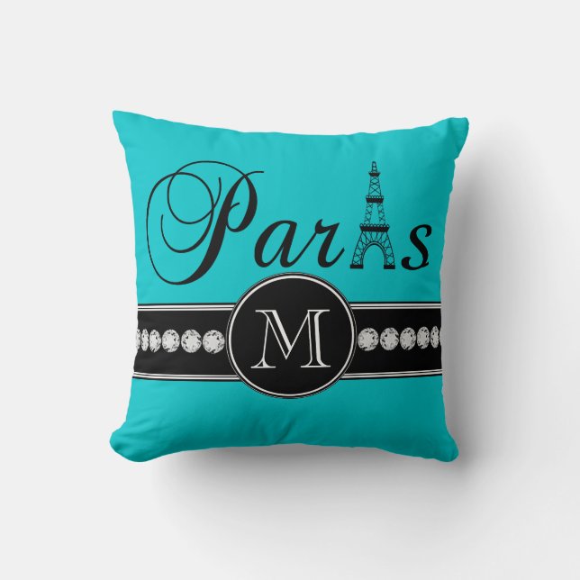 Turquoise 00c5cd Black Paris Monogrammed Throw Pillow (Front)