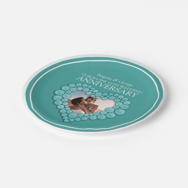 Turquoise 11th Wedding Anniversary photo heart Paper Plates (Angled)