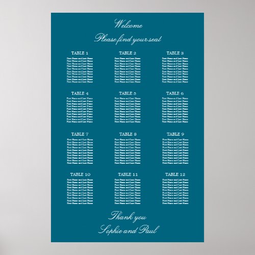 Turquoise 12 Table Wedding Seating Chart Poster