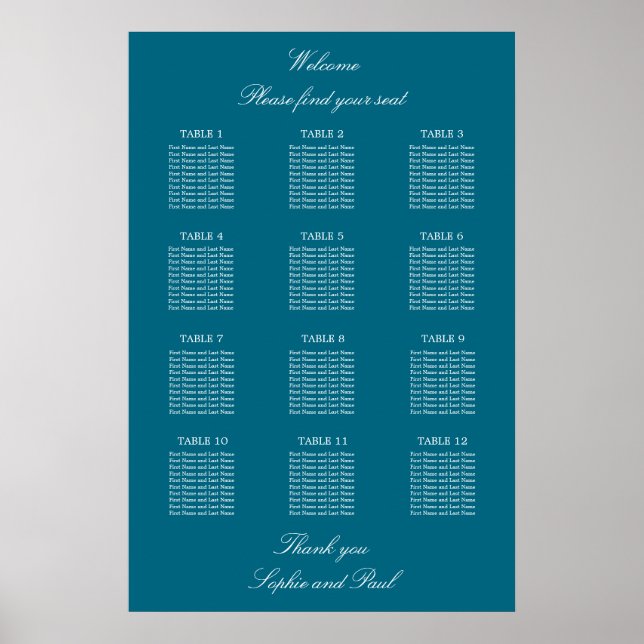 Turquoise 12 Table Wedding Seating Chart Poster (Front)