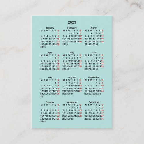 Turquoise 2023 Monday Start Mini_Calendar Business Card