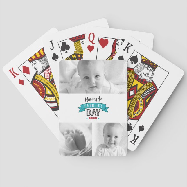 Turquoise 3 Photo Collage Happy 1st Father’s Day Poker Cards (Back)