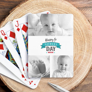 Turquoise 3 Photo Collage Happy 1st Father’s Day Poker Cards