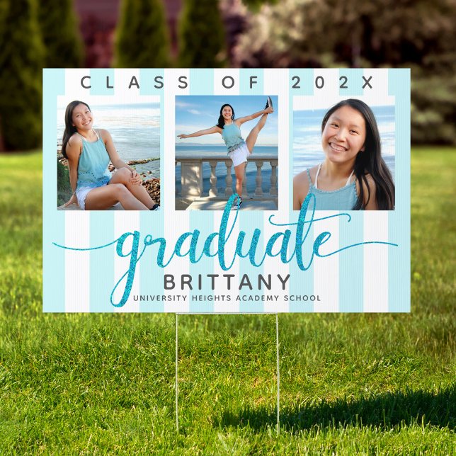 Turquoise 3 photo graduation glitter script yard sign (Creator Uploaded)