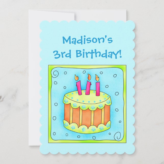 Turquoise 3rd Birthday Party Cake Invitation (Front)