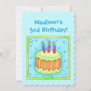 Turquoise 3rd Birthday Party Cake Invitation