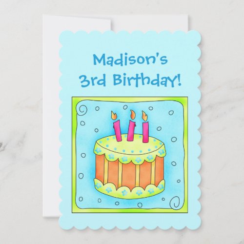 Turquoise 3rd Birthday Party Cake Invitation