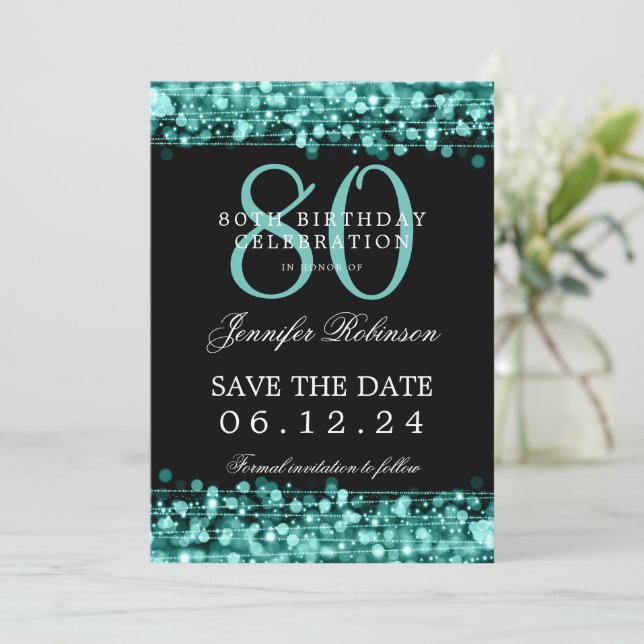 Turquoise 80th Birthday Save the Date  Invitation (Standing Front)