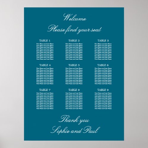 Turquoise 9 Table Wedding Seating Chart Poster