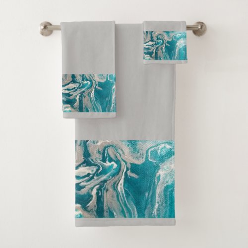 Turquoise Abstract Border on Grey Towel Set