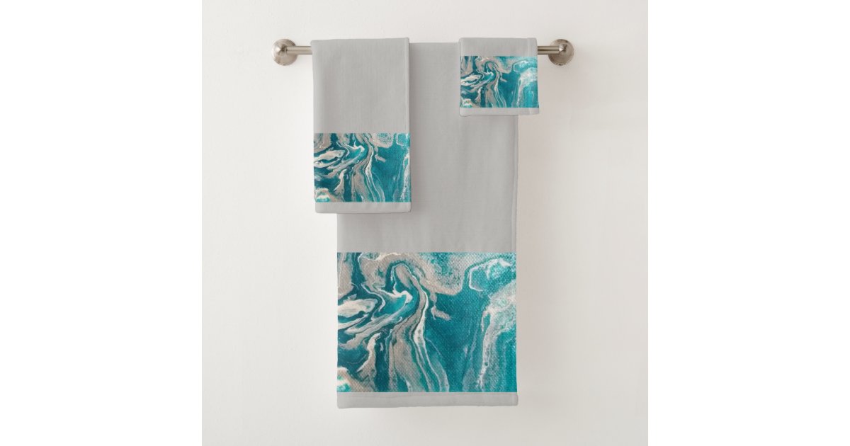 Turquoise & Faux Silver Agate Kitchen Towel Teal Marble 