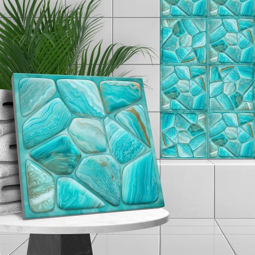Turquoise Abstract Cellular Art Ceramic Tile