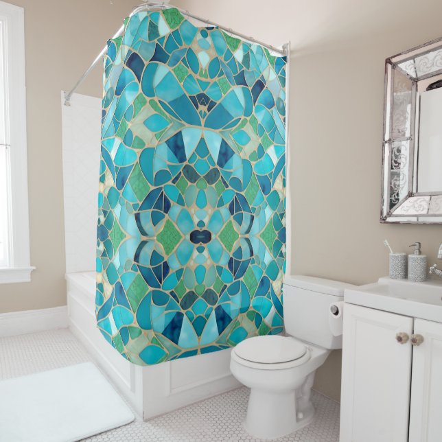 Turquoise Abstract Mosaic Shower Curtain (In Situ)