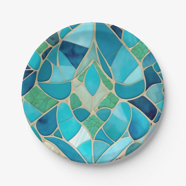 Turquoise Abstract Mosaic with Art Deco style Paper Plates (Front)