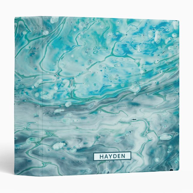 Turquoise Abstract Paint Pour Art Monogram 3 Ring Binder (Front/Spine)