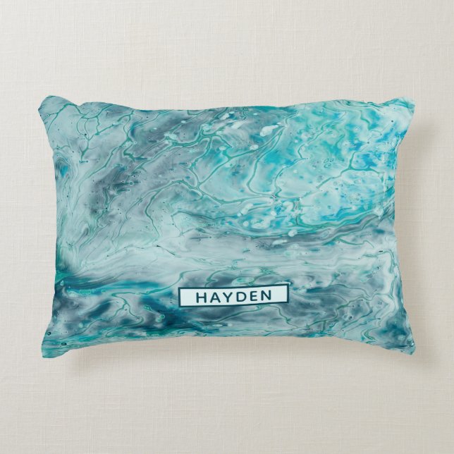 Turquoise Abstract Paint Pour Art Monogram Accent Pillow (Front)