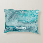 Turquoise Abstract Paint Pour Art Monogram Accent Pillow (Back)
