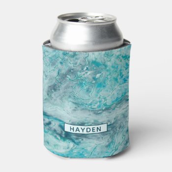 Turquoise Abstract Paint Pour Art Monogram Can Cooler by ironydesigns at Zazzle