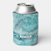 Turquoise Abstract Paint Pour Art Monogram Can Cooler (Can Back)
