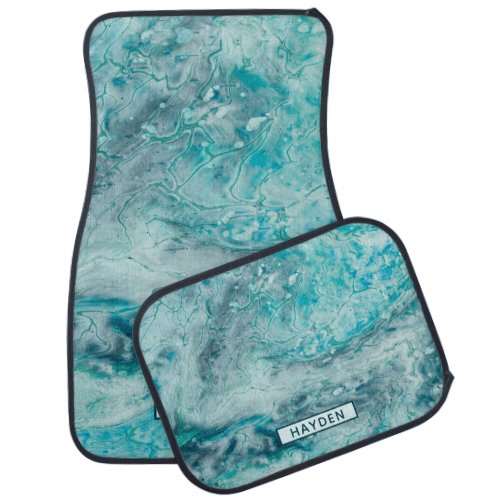 Turquoise Abstract Paint Pour Art Monogram Car Floor Mat