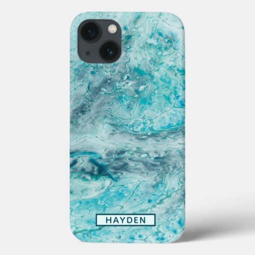 Turquoise Abstract Paint Pour Art Monogram iPhone 13 Case
